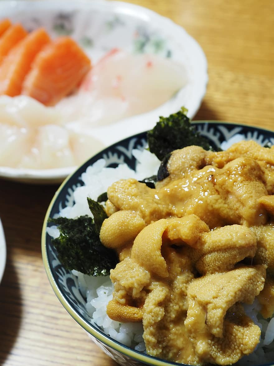 миска рису, сашими, домашня кухня, японська їжа, Чаша з морським їжаком, їжак, лосось, вечеря
