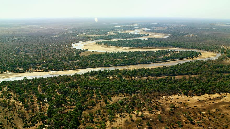 река, въздушен, меандър, дървета, гори, хоризонт, птичи поглед, изглед от въздуха, Луангва, Замбия, пейзаж