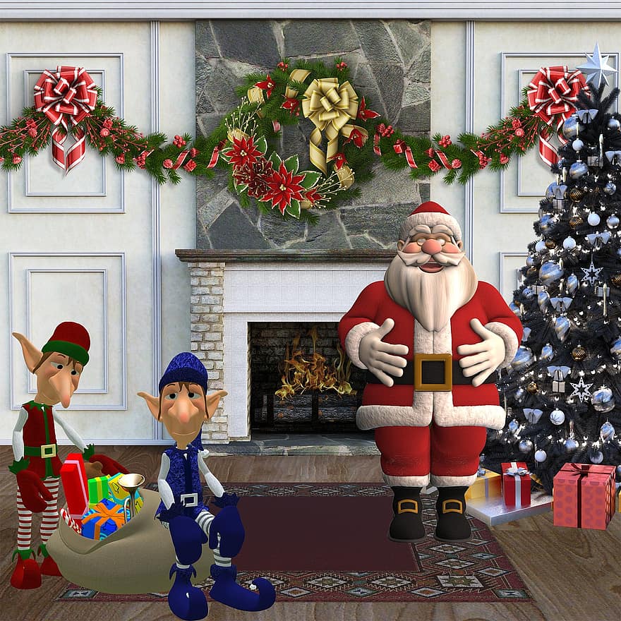 Noel, Noel Baba, Hediyeler, Bayram, Aralık, bagaj, ev, elfler, şömine, çelenk, kutlama