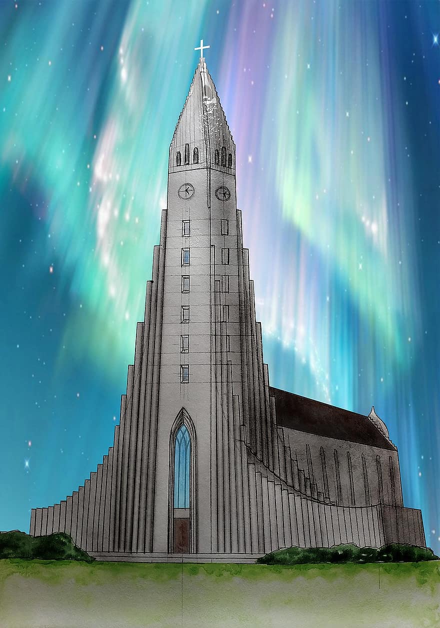 церква, Hallgrímskirkja, Рейк'явік, Ісландія, Північне сяйво, холгримур, лютеранська церква, собор, релігія, будівлі, орієнтир
