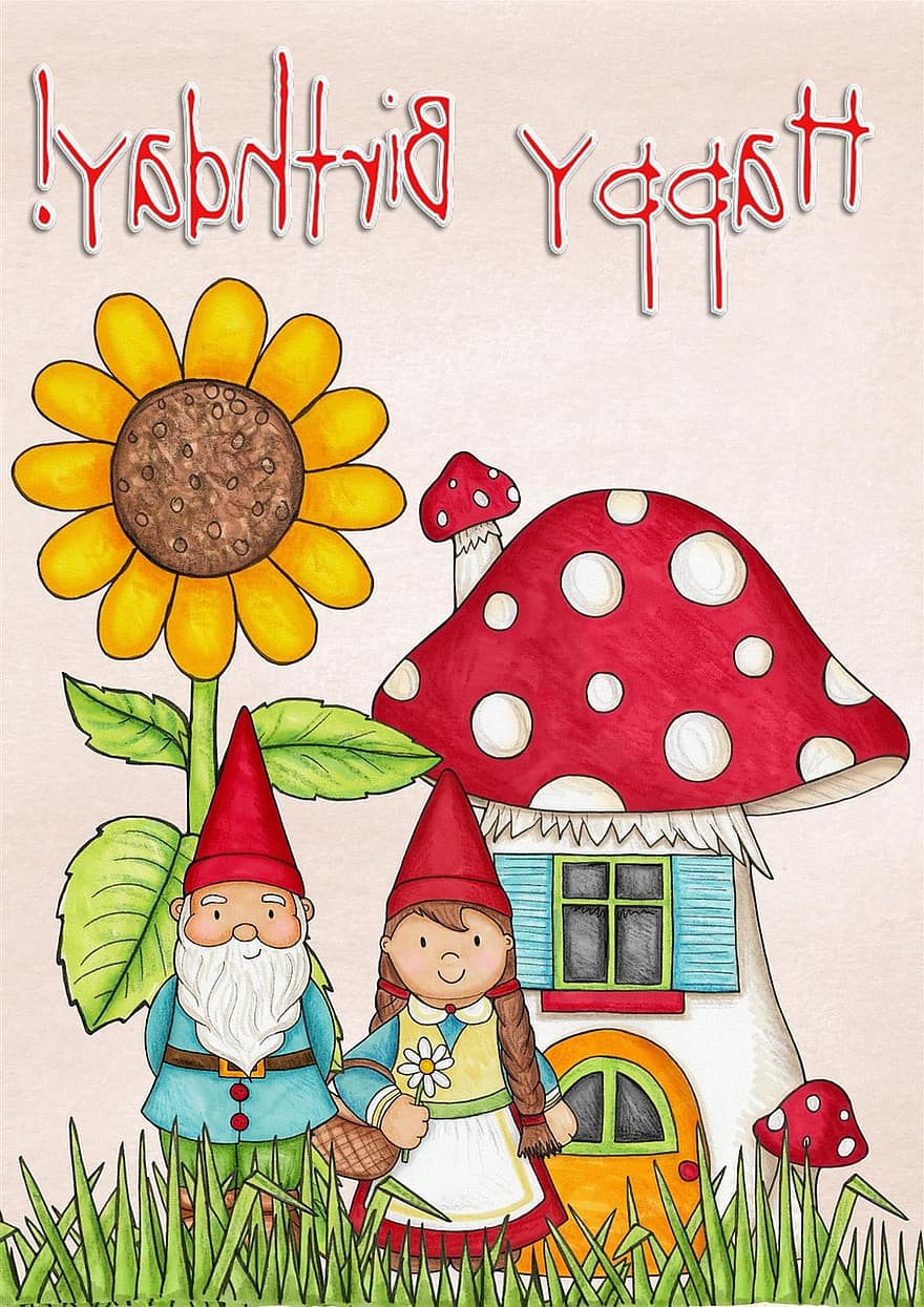 laimīgs, dzimšanas diena, karti, sveiciens, sēnes, māja, dārza gnome, rūķi, saulespuķes, zieds, Tauriņu meitene