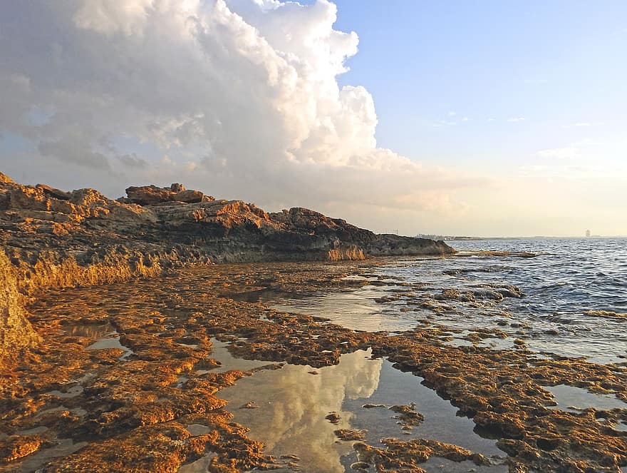 formações rochosas, de praia, Ayia Napa, geologia, arenito, panorama, natureza, Chipre, mar, por do sol, agua