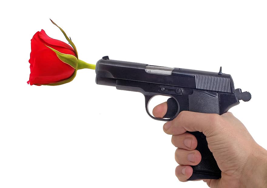 hou op, geweer, geweld, bloem, hand-, roos, liefde