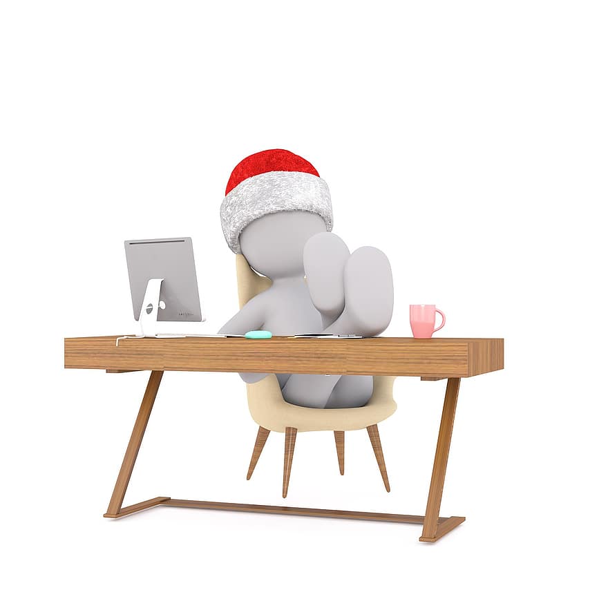 Nadal, treballar, figura, portàtil, cap, empresa, mascle blanc, Model 3D, barret de santa, Pare Noél, nadal