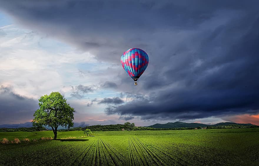 luftballong, fält, bruka, ballong, flyta, flytande, träd, molnig, himmel, moln