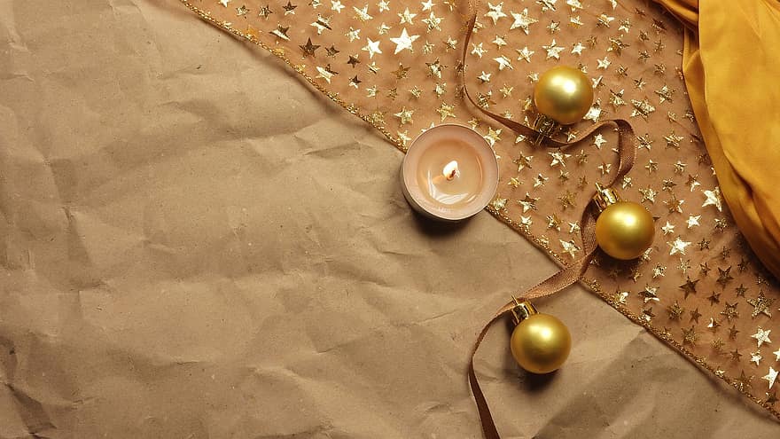 Decoração de Natal, vela, colocação plana, decoração, decoração de natal, fita, estrelas, temporada, fundo, papel, bolas de natal