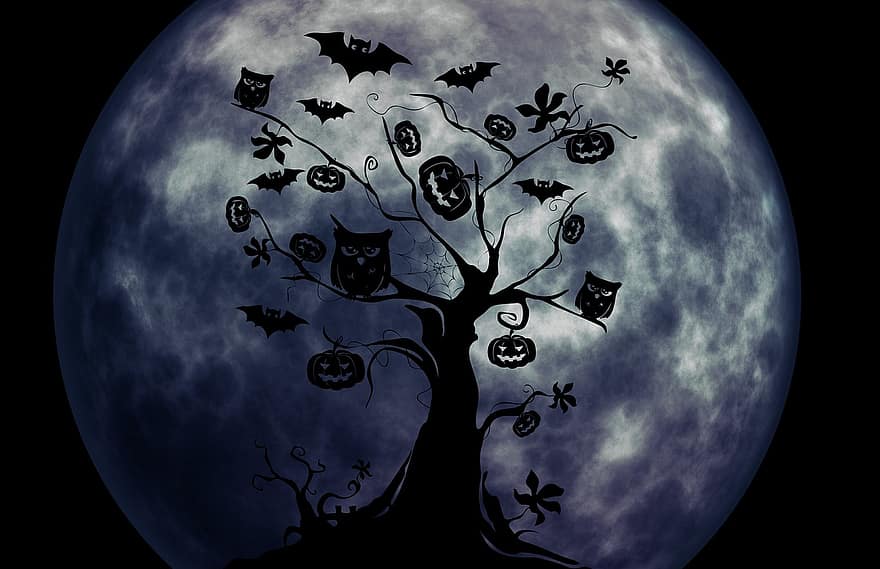 halloween, fa, bagoly, tök, furcsa, szürreális, légkör, denevér, hold