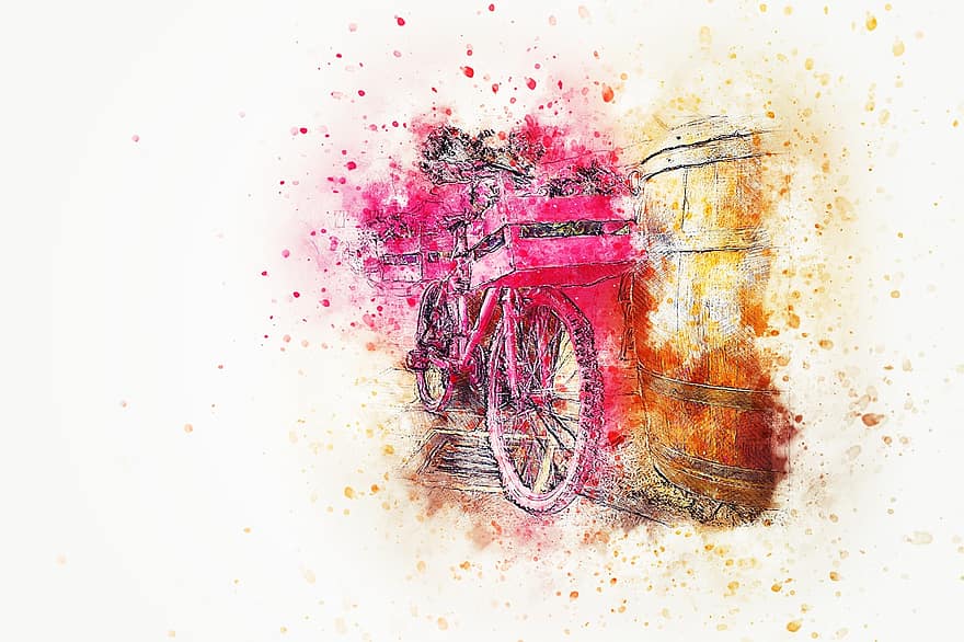 รถจักรยาน, ดอกไม้, ศิลปะ, บทคัดย่อ, สีน้ำ, เหล้าองุ่น, เสื้อยืดคอกลม, โรแมนติก, ออกแบบ, Aquarelle, สาดน้ำสี
