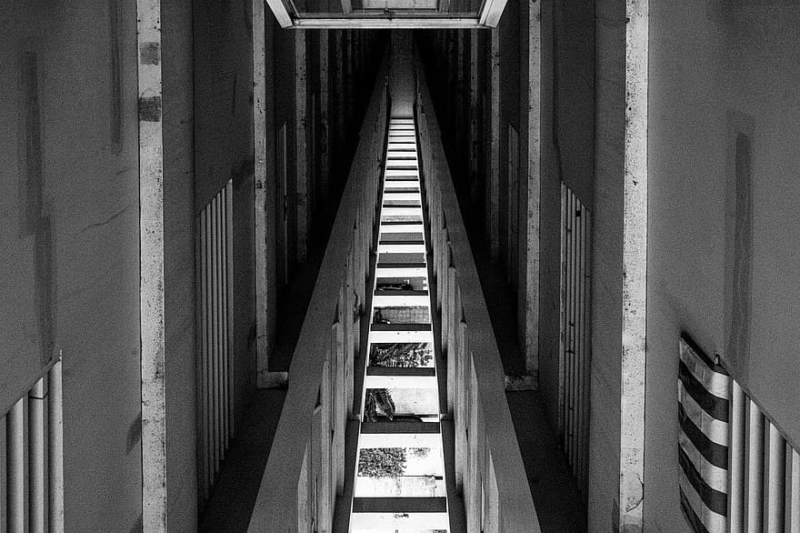 Building, Apartment, Symmetry, Architecture, Stairways, Steps, Concrete, black and white, indoors, staircase, corridor