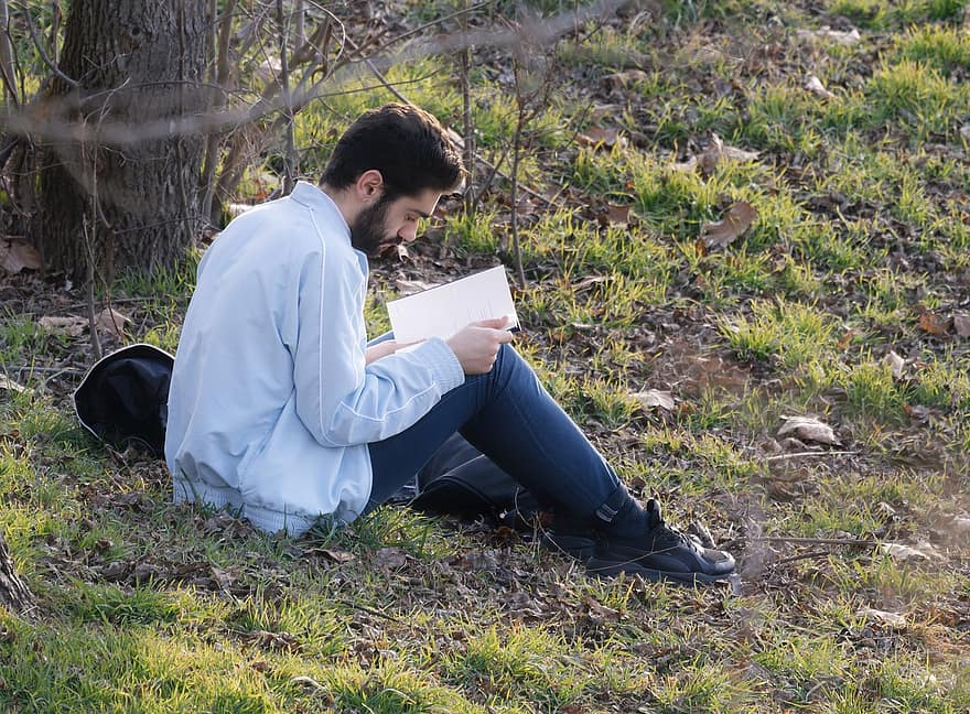 adam, okuma, kitap, çimen, park, açık havada, erkekler, bir kişi, yetişkin, oturma, yaşam