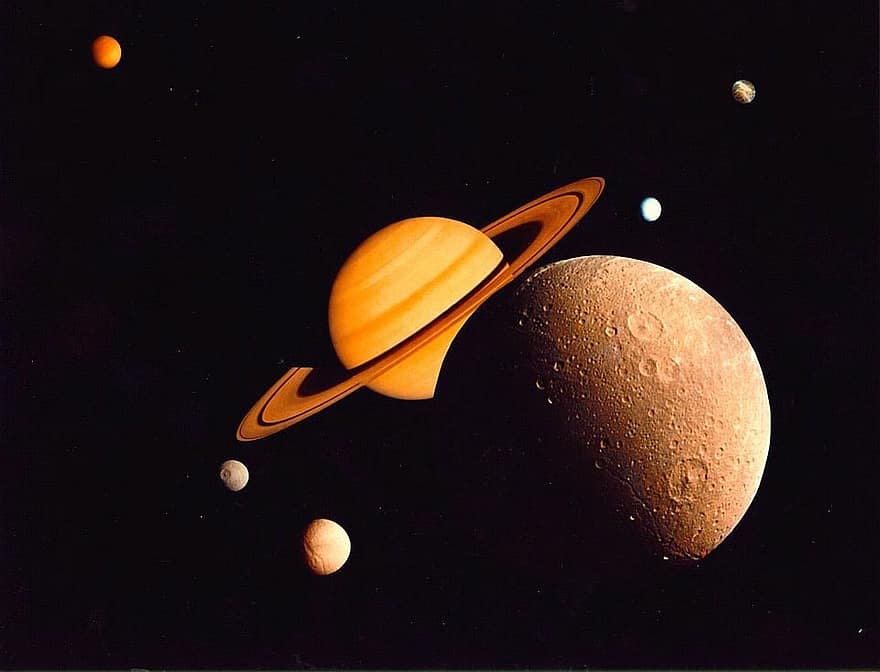 Saturno, planeta, Monde, dione, tethys, mimas, enceladus, ñandú, titán, espacio, viaje espacial