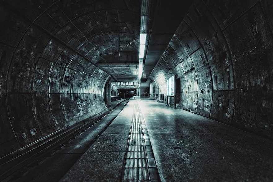 тунел, под земята, платформа, метро, станция, архитектура, точка на изчезване, на закрито, тъмен, нощ, коридор