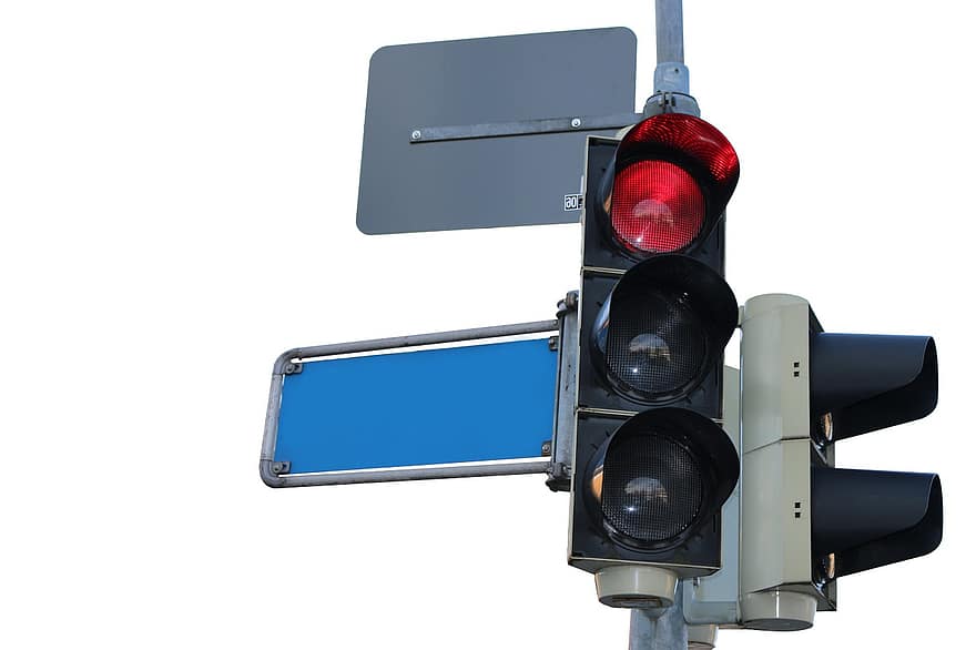 közlekedési lámpák, piros, forgalmi jel, utcanév, jelek, izolált, jelzőtábla, forgalom, fényjelzés, állj meg, piros fény