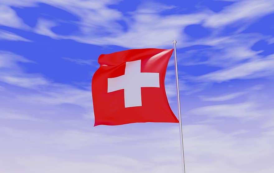 سويسرا ، العلم ، مفهوم ، سماء ، يوم ، بلد ، الأمة ، قماش ، صقيل ، أحمر ، أبيض
