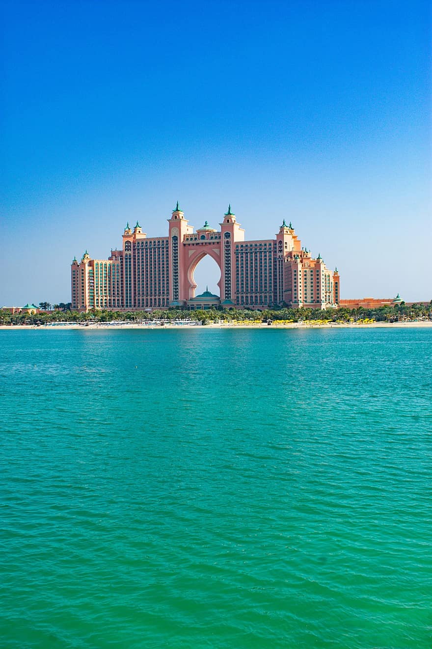 atlantis delnu, Dubajus, atlantis, viešbutis, orientyras, architektūra, emyratai, prabanga, pastatas, kelionė, vandenynas