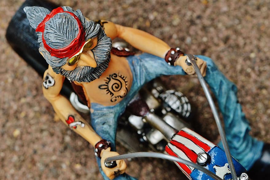 motard, bicyclette, tatoué, Amérique, cool, décontractée, marrant, homme, asseoir, joie de vie, moto