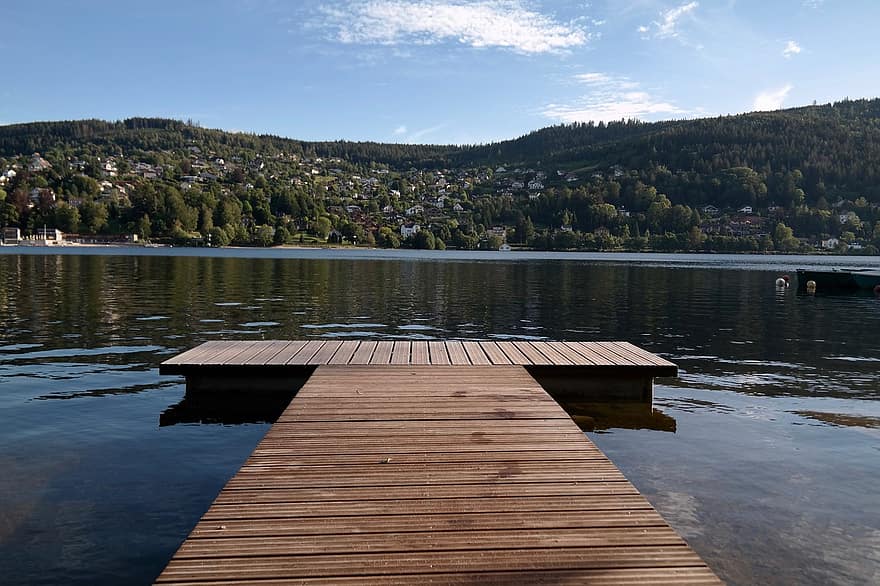 tó, hegyek, víz, pihenés, természet, hangulat, tájkép, sétány, móló, csendes