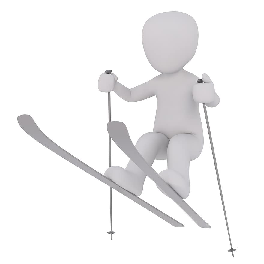 esport, esquiar, esquiadors, sortida, esquís, esports d’hivern, bastons d'esquí, mascle blanc, Model 3D, aïllat, 3d