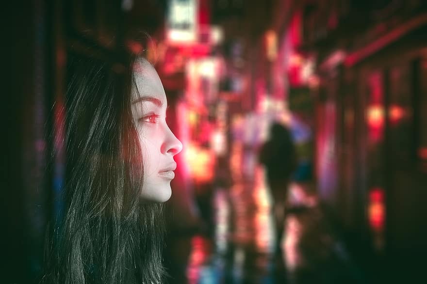 Woman, Face, Profile, Road, Background, View, Girl, Person, City, Night, Light