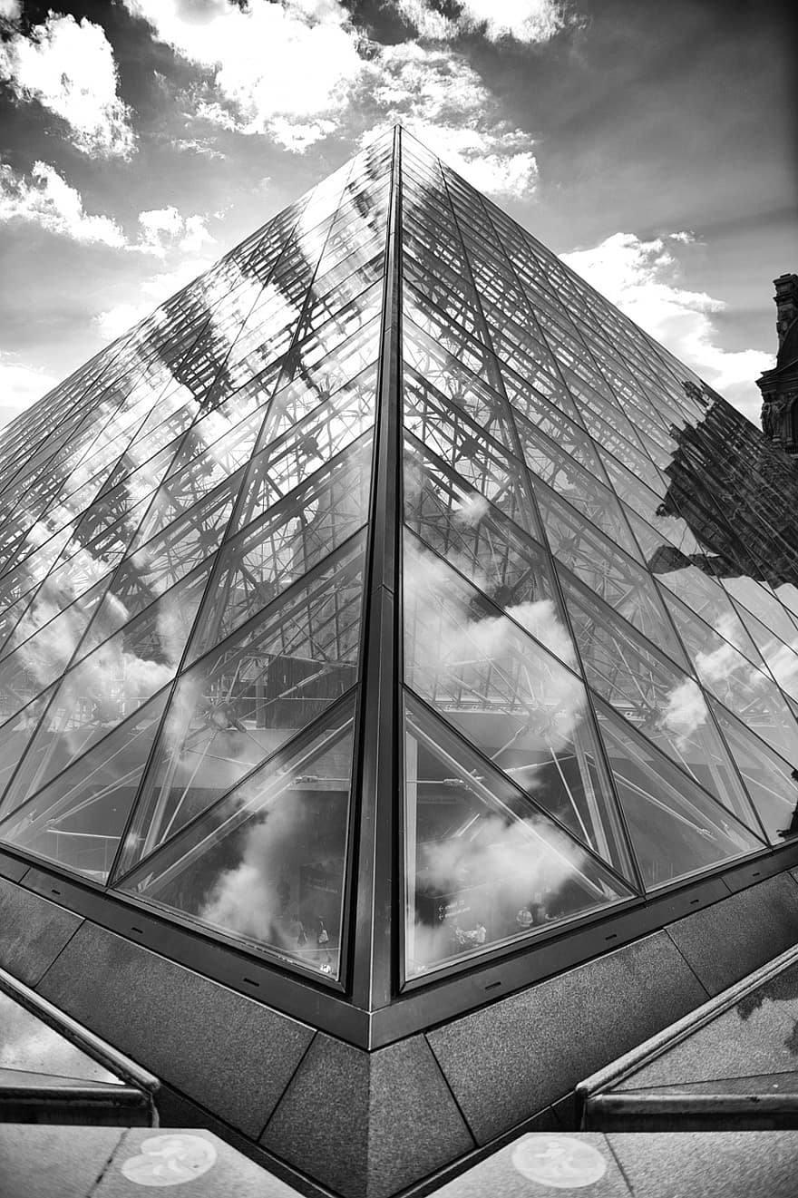 Louvre Pyramid, Museum, Paris, France, Architecture, Black And White, Tourist Attraction, window, modern, glass, skyscraper