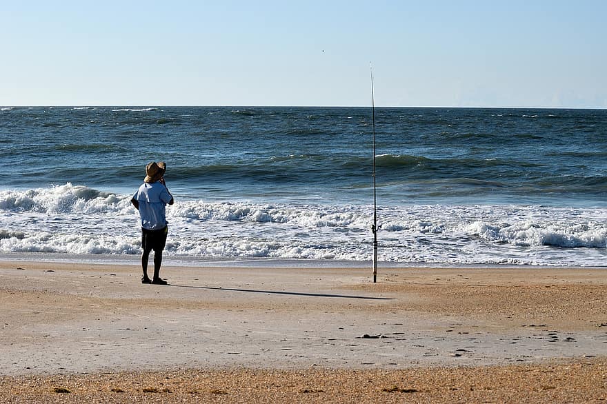 मछली पकड़ने, बीच, कोस्ट, समुद्र तट, सागर, समुद्र, परिदृश्य, रेत, पानी, पुरुषों, गर्मी