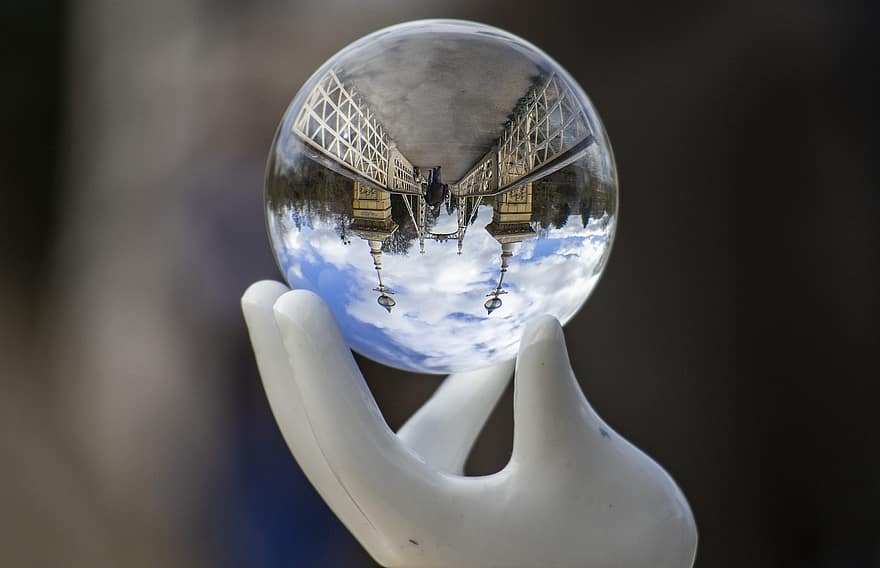 объектив мяч, стеклянный шар, город, мост, сфера, планета, пространство, люди, стакан, крупный план, синий