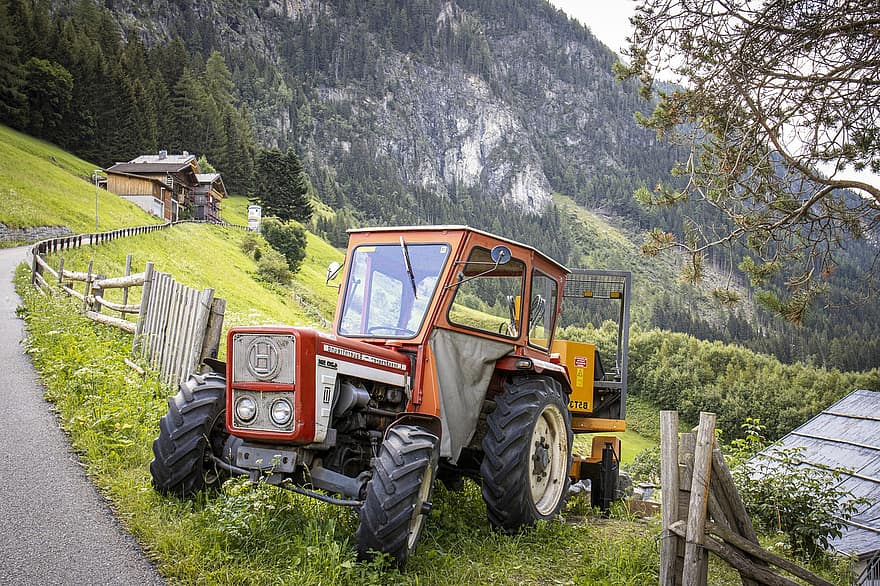 Tractor, Vehicle, Machine, Mountains, Farmer, Nature, Snow, Village, Agriculture, Trees, Work