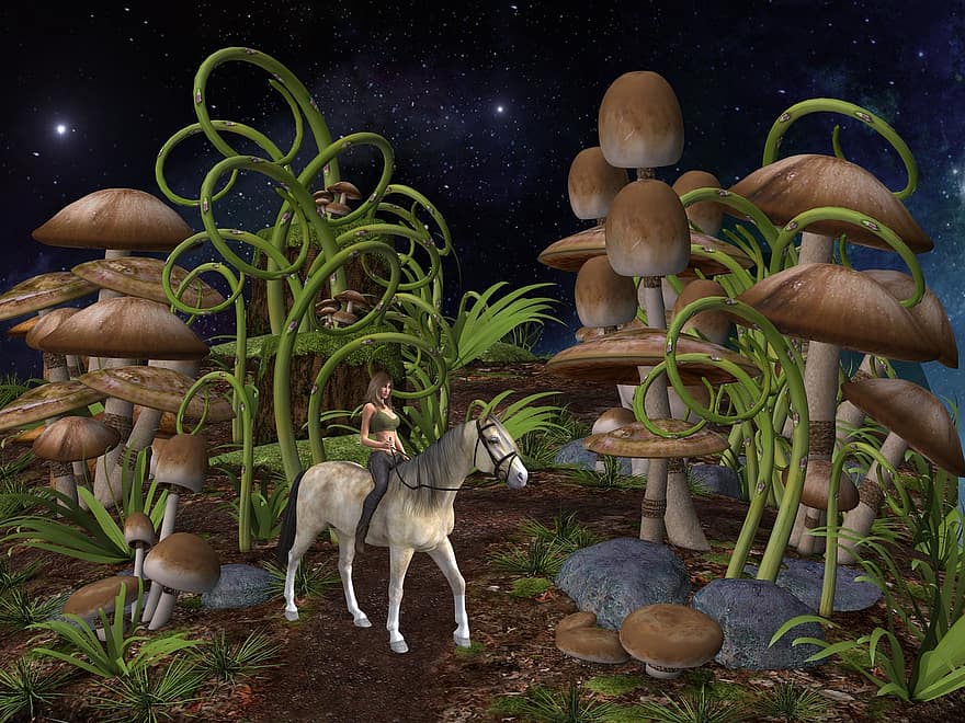фантазія, гриб, кінь, зачарований ліс, поганка, грибок, фантастичний краєвид, магія, цифровий