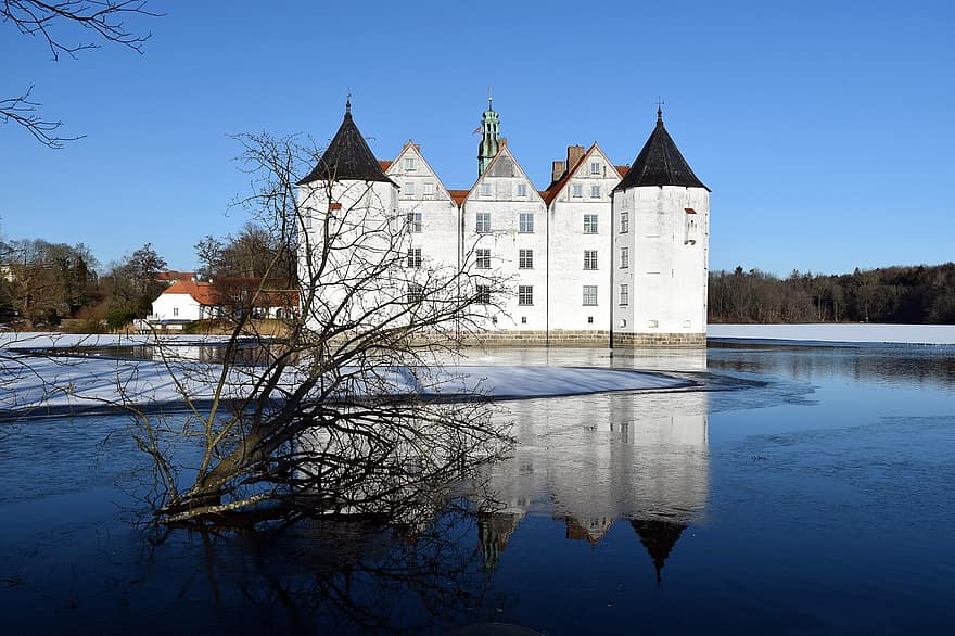 castillo, fortaleza, edificio, estanque, nieve, castillo con foso, Glücksburg, Mecklenburg
