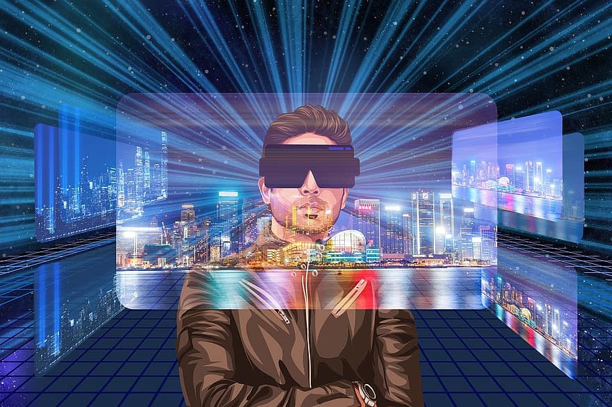 ميتافيرس ، الواقع الافتراضي ، رجل ، افتراضية ، الفراغ ، العالمية ، ساحة المدينة ، غيم ، واقع ، تواصل اجتماعي ، رقمي