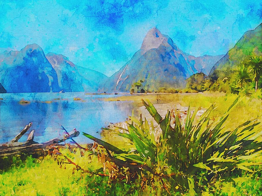 uusi Seelanti, vuono, luonto, maisema, vesi, matkailu, vuoret, Milford-ääni, valtameri, matkustaa, digitaalinen maalaus