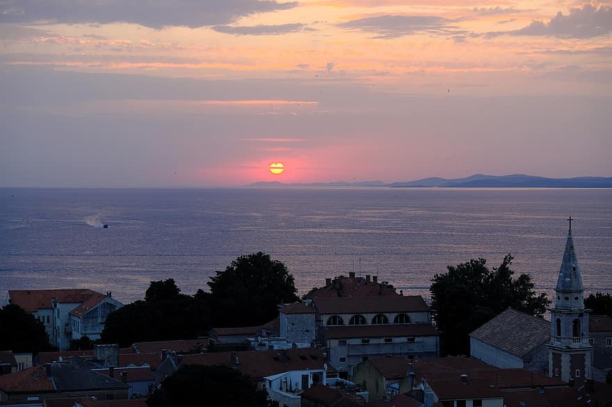 tramonto, zadar, Croazia, mare, città, costa, sole, luce del sole, cielo, nuvole, orizzonte