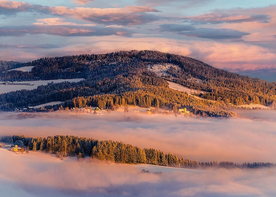 Лавантал, Каринтия, Австрия, планини, пейзаж, зима, сняг, слънце, хълм, мъгла, залез
