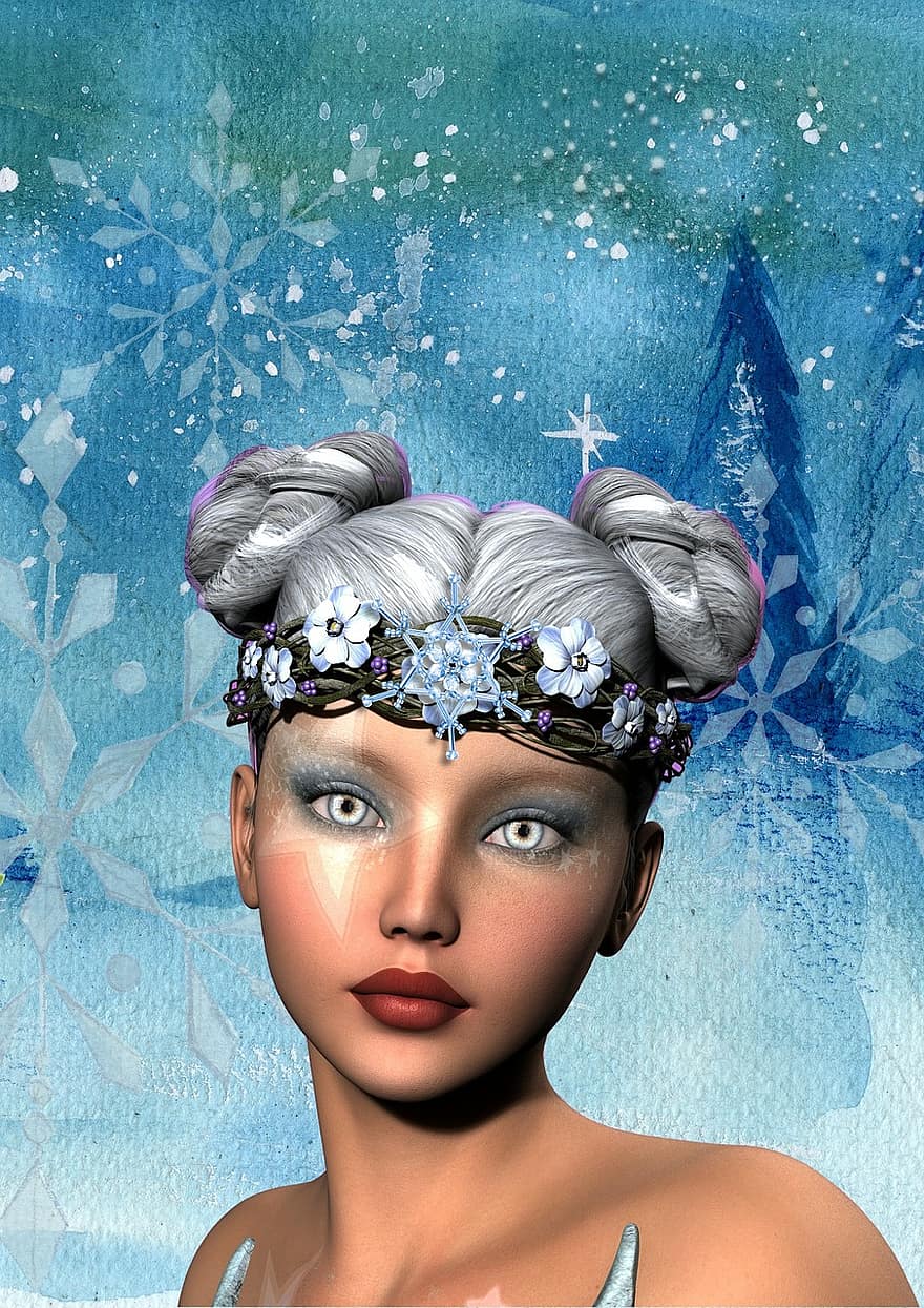 fantāzija, meitene, sniegs, mežs, snowflakes, ziemā, mati, zieds, princese, karaliene, sieviete