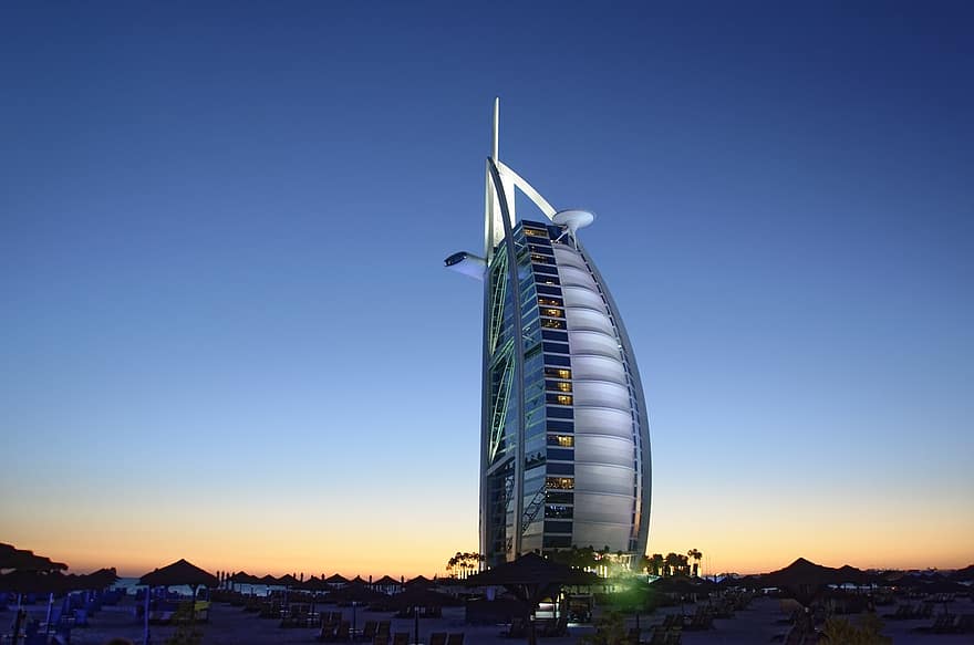 du en e, Forenede Arabiske Emirater, Dubai, burj al arab, arkitektur, by, bygning, skyskraber, facade, himmel, aften