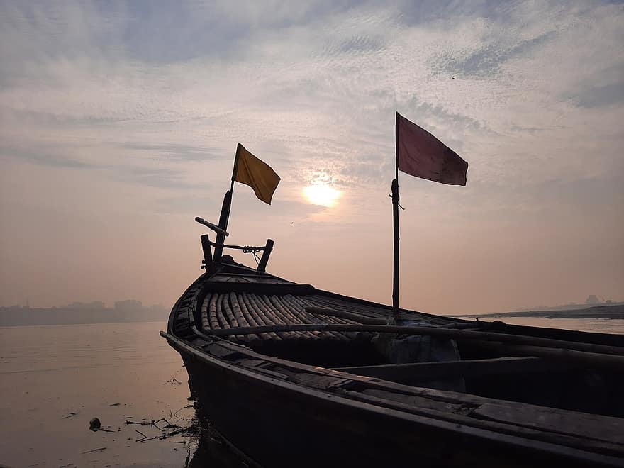 hajó, napnyugta, Napkelte, folyó, Varanasi, hinduizmus, szürkület, víz, hajnal, nap, faipari