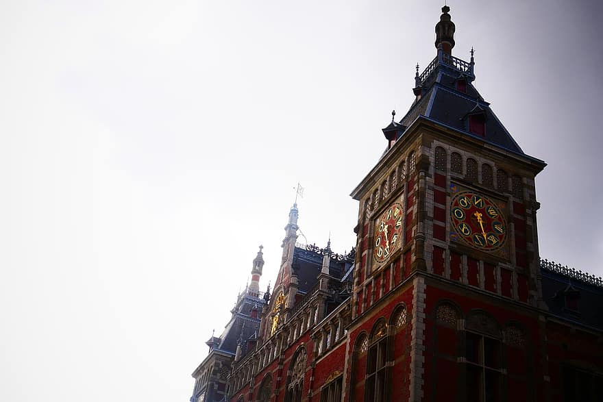 Амстердам, залізнична станція, вежа, Нідерланди, Голландія, годинникова вежа, центральний вокзал, будівлі, орієнтир