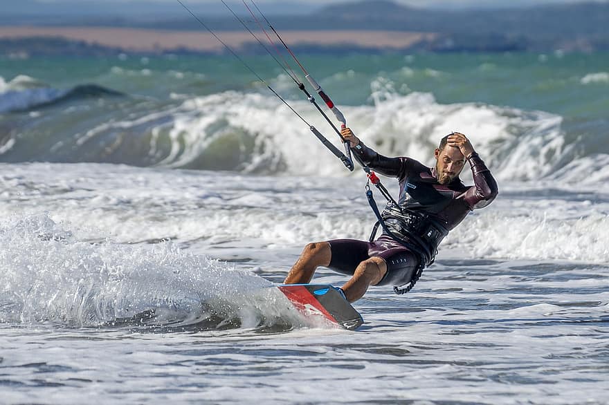 kitesurfing, kiteboarding, επικίνδυνο άθλημα, θαλάσσιο σπορ, δράση αθλητισμού, δραστηριότητα, σπάζοντα κύματα παραλίας, σέρφινγκ, surfer, κύμα, σανίδα