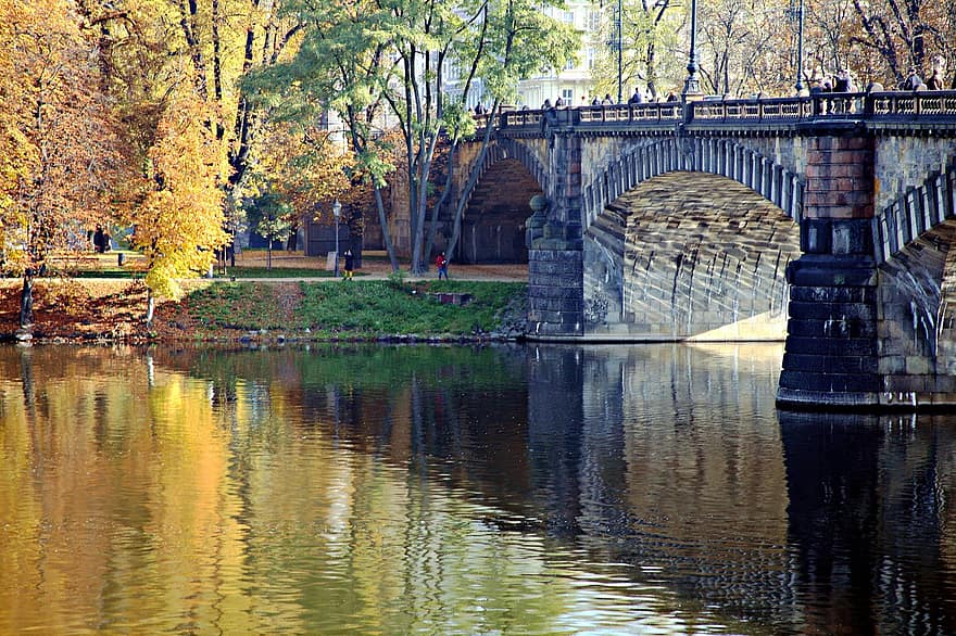 kanalas, pobūdį, ruduo, rudenį, sezoną, lauke, parkas, Prahoje, Čekijos Respublika, Karolio tiltai, vanduo