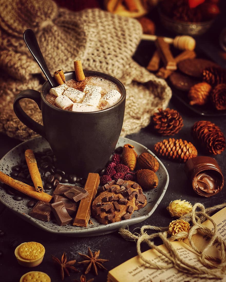 warme chocolademelk, drinken, Kerstmis, chocolade, marshmallows, cacao, kaneel, toetje, drank, kop, mok