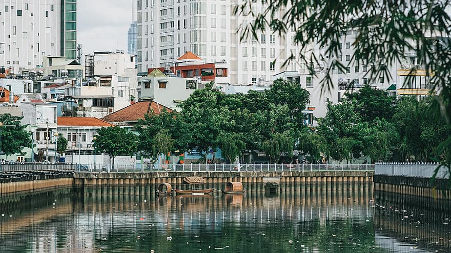 rio, lixo, poluição, plástico, reciclando, meio Ambiente, cidade, Vietnã