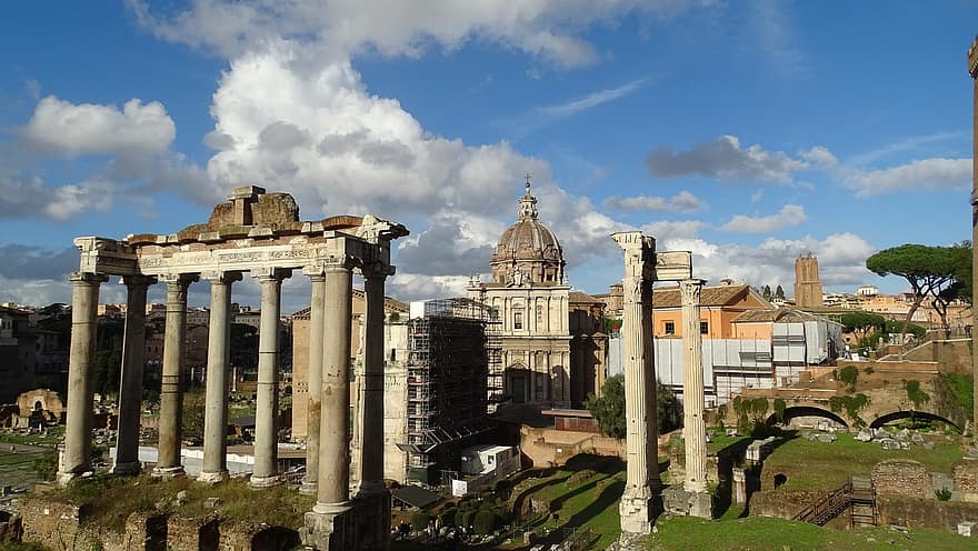 Saturns tempel, ruiner, roman, romersk forum, gammel, by, søjler, historisk, arkitektur, turister, turisme