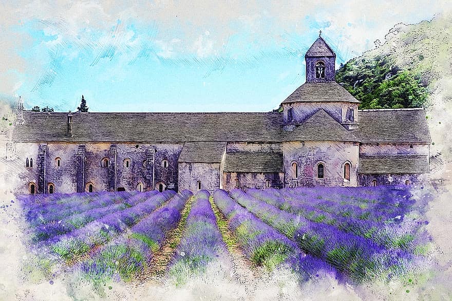 Sénanque Abbey, kloster, Notre Dame De Senanque Abbey, Frankrike, cistercian abbey, klosterkirke, lavendel felt, maleri, kreativitet