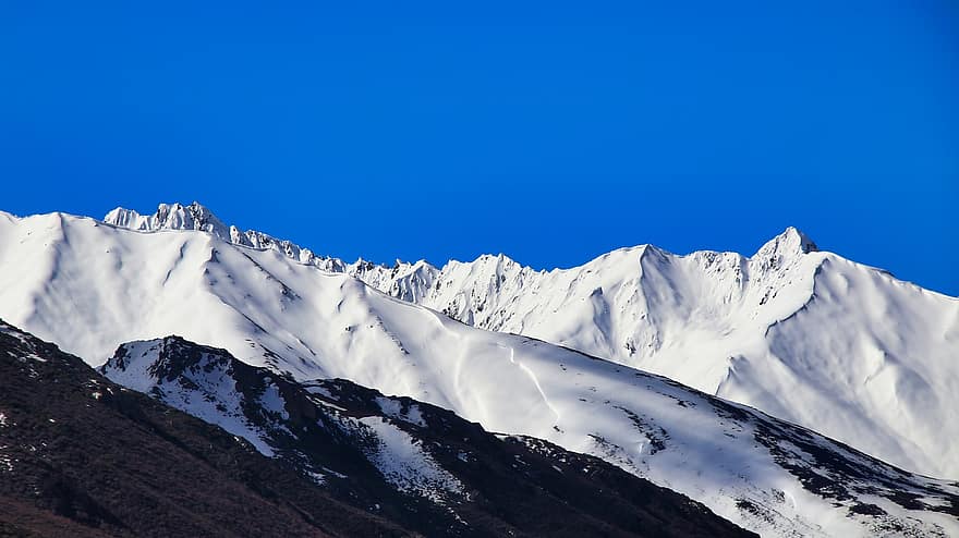 nieve, montañas, meseta, Tíbet, cielo azul, Nevado, pico, cumbre, cordillera, paisaje, naturaleza