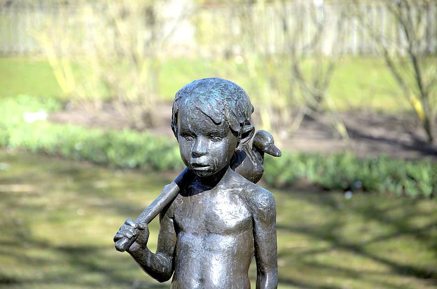 estatua, niño, Pato, escultura, parque, Art º, bokeh
