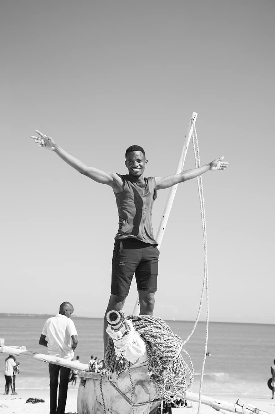 playa, bote, hombre, Tanzania, en blanco y negro, barco de pesca, feliz, vacaciones, costa, mar
