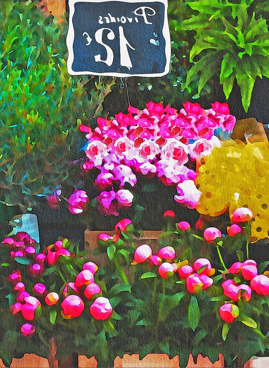 Aquarell Blumenmarkt, Pariser Blumen, Frankreich, Europa, Französisch, Stadt, Bürgersteig, Cafe, Paris, Pfingstrosen, Französischer Blumenmarkt