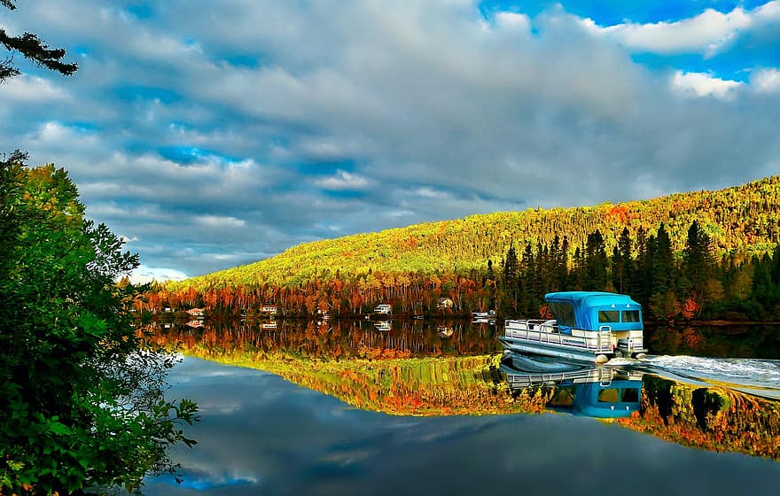 호수, 산, 퀘벡, 경치, 자연, 침엽수, 가을, 숲, 풍경화
