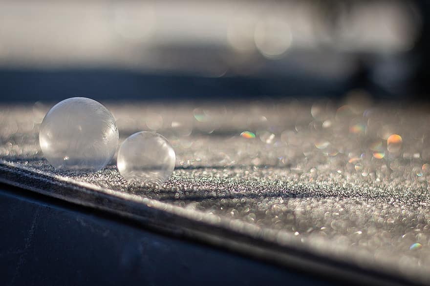 мороз, иней, пузырьки, поверхность, Солнечный лучик, отражение, мыльный пузырь, замороженный