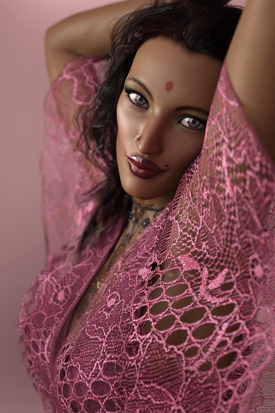 жінка, Індійська жінка, портрет жінки, рожевий, макіяж, складають, поцілунок в рот